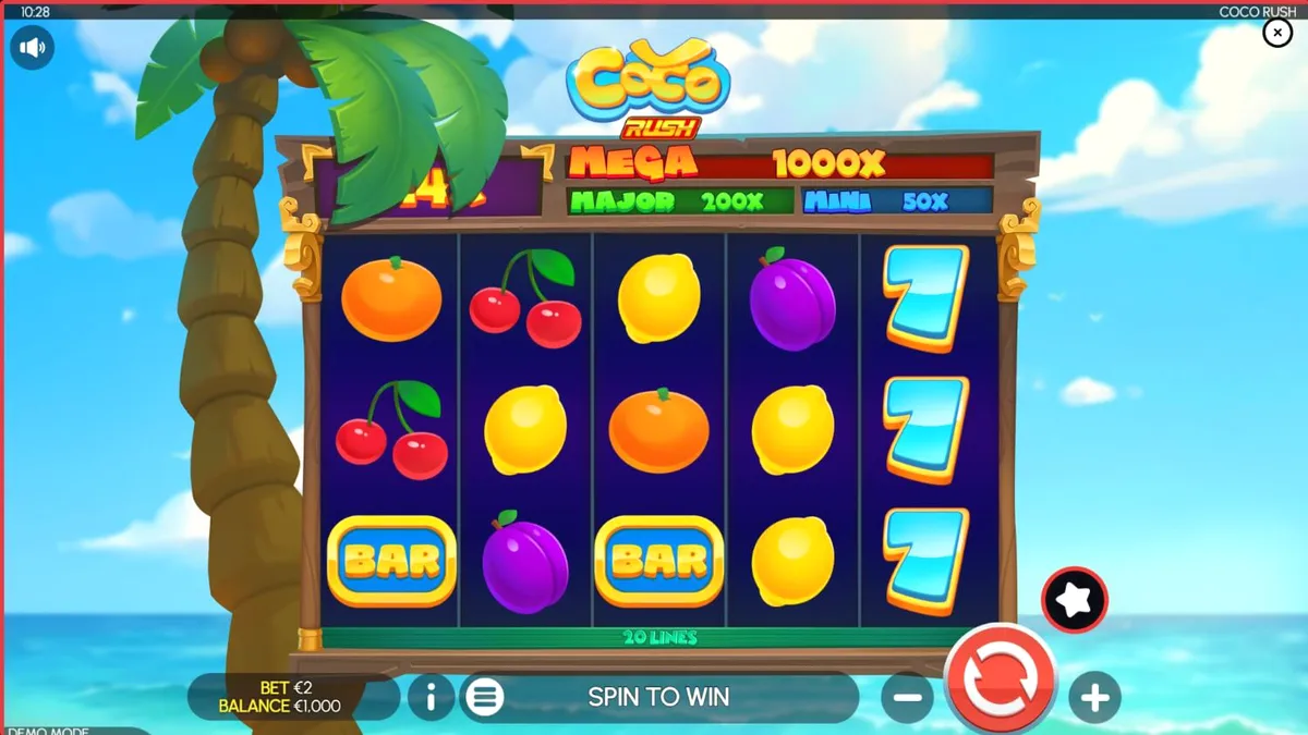 Interface vibrante e tropical do slot Coco Rush com palmeiras e símbolos de tesouro