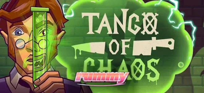 Interface do slot Tango of Chaos com elementos laboratoriais e símbolos dinâmicos